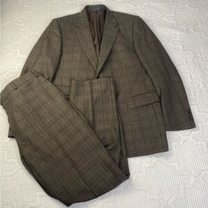 Rover & Lakes Wool Cashmere Suit Brown Plaid Jacket 46” Pants 34X32.5 AU Sz 52